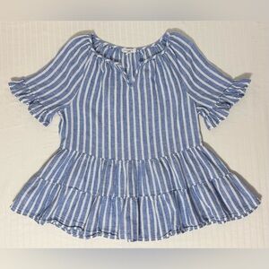 BEACH LUNCH LOUNGE Akia Linen-Blend Striped Top Ruffles Tiered Size S/P